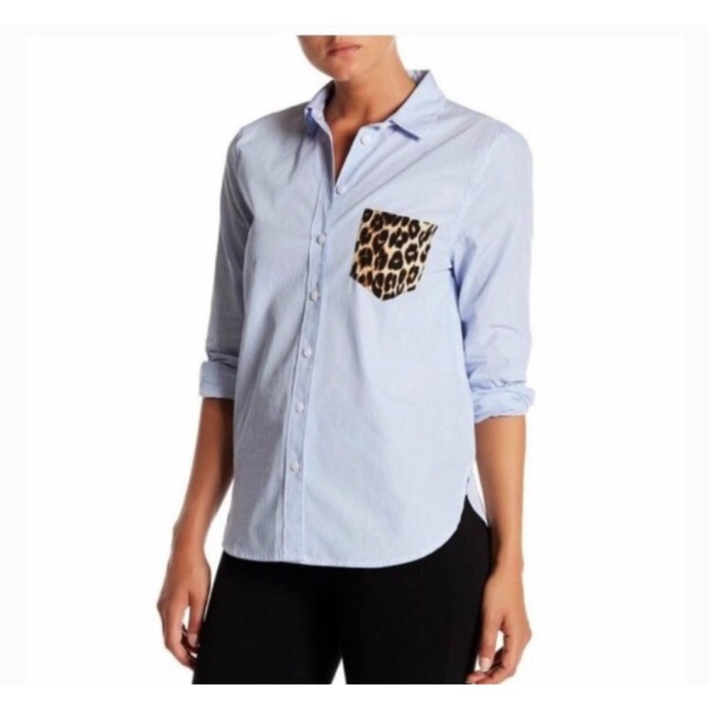 Equipment Femme Button Down Pin Striped Shirt w/ Leopard Pocket Career Medium